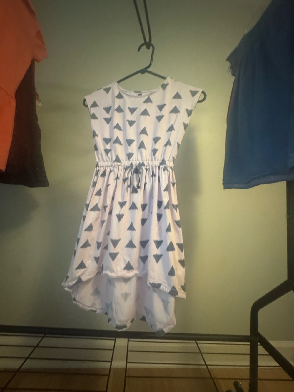 Tea Girls White Dress hi low with Navy Triangle Print